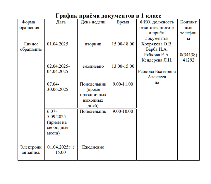 График приема документов в 1-ый класс